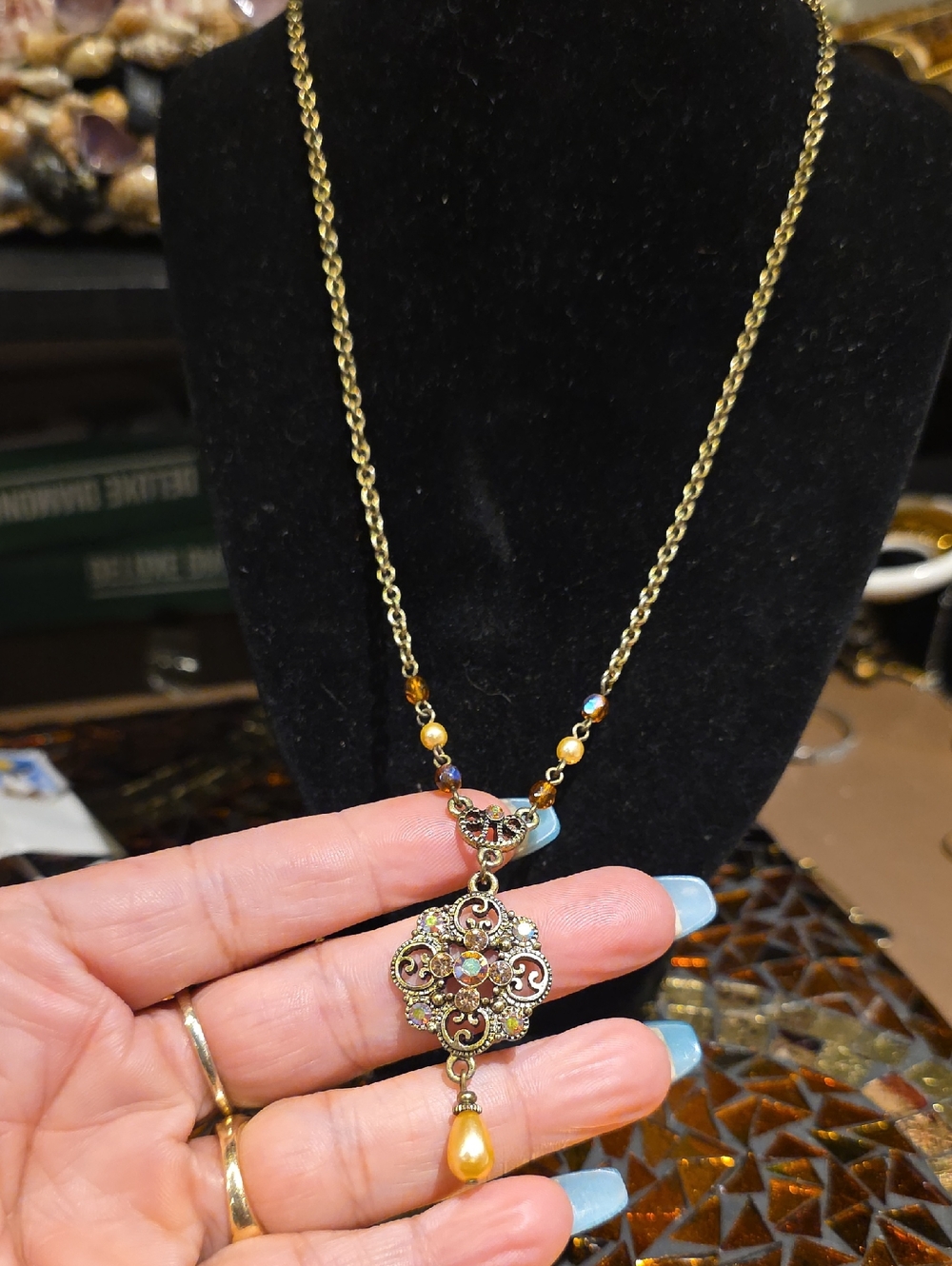 1928 Gold-Tone Filigree Necklace with Amber Beads and Pearl Drop